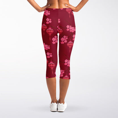 Pink Japanese Lantern Pattern Print Women's Capri Leggings