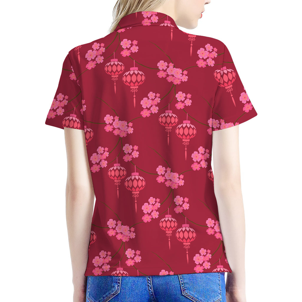Pink Japanese Lantern Pattern Print Women's Polo Shirt