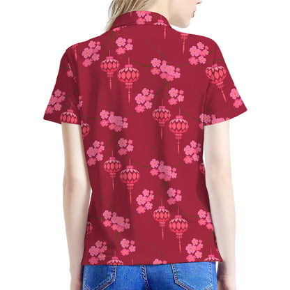 Pink Japanese Lantern Pattern Print Women's Polo Shirt