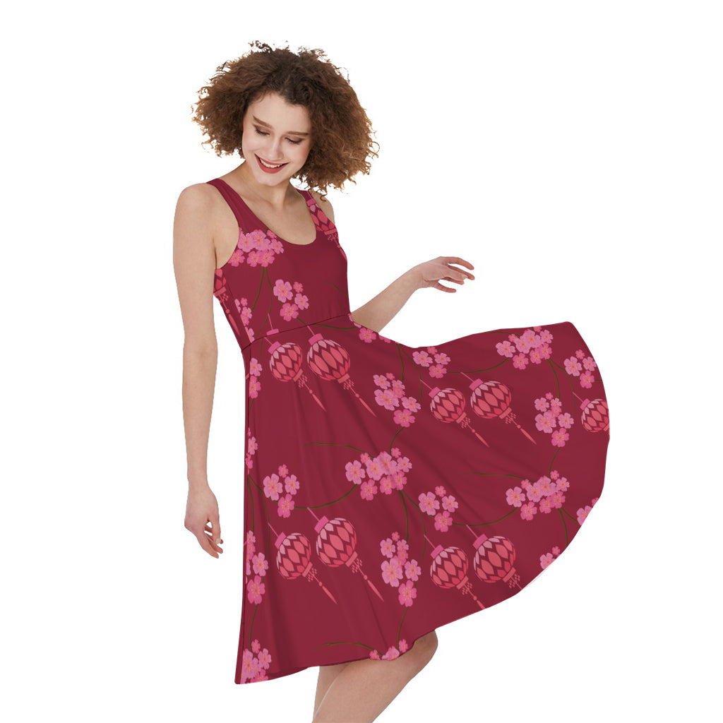 Pink Japanese Lantern Pattern Print Women's Sleeveless Dress