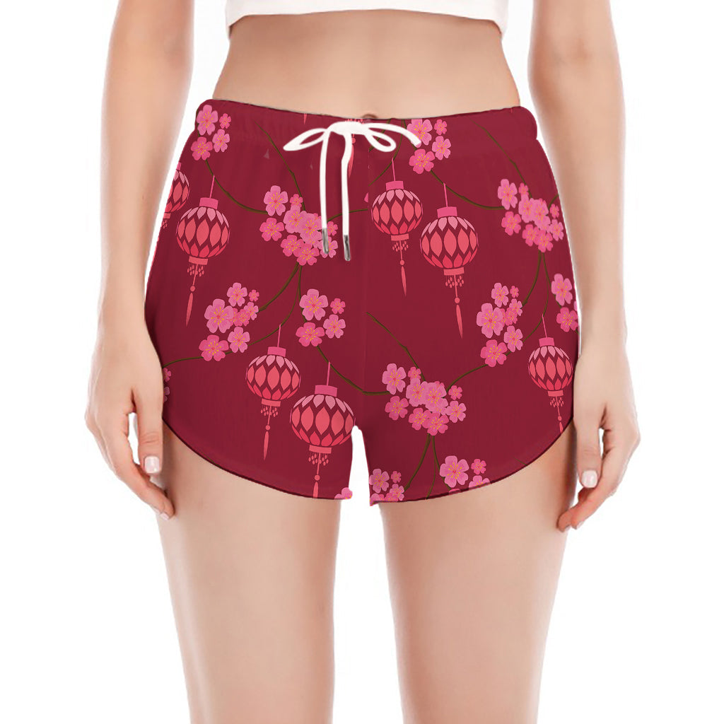Pink Japanese Lantern Pattern Print Women's Split Running Shorts
