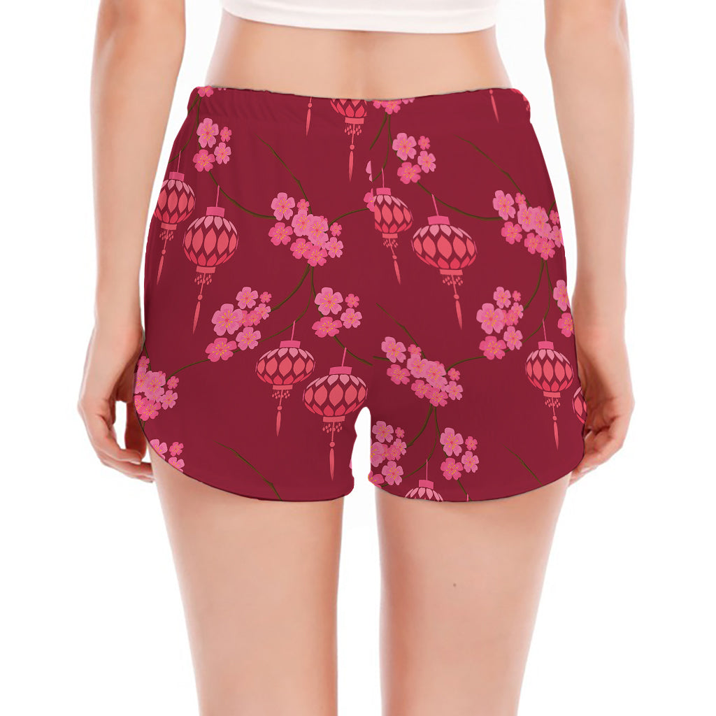 Pink Japanese Lantern Pattern Print Women's Split Running Shorts