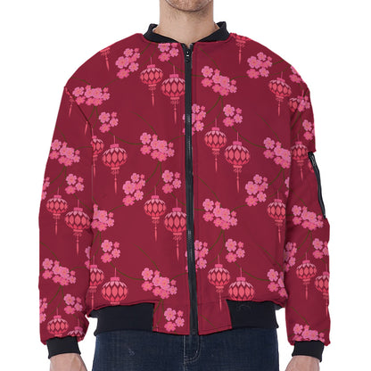 Pink Japanese Lantern Pattern Print Zip Sleeve Bomber Jacket