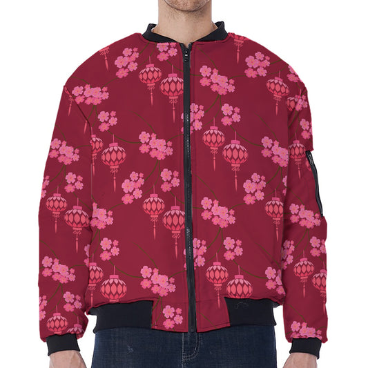 Pink Japanese Lantern Pattern Print Zip Sleeve Bomber Jacket
