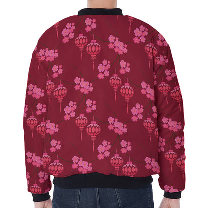 Pink Japanese Lantern Pattern Print Zip Sleeve Bomber Jacket