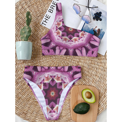 Pink Kaleidoscope Print One Shoulder Bikini Top