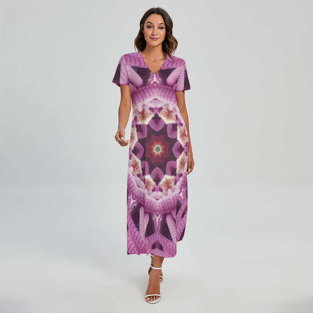Pink Kaleidoscope Print Short Sleeve Maxi Dress