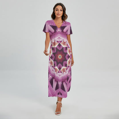 Pink Kaleidoscope Print Short Sleeve Maxi Dress