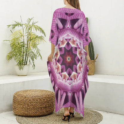 Pink Kaleidoscope Print Silk V-Neck Kaftan Dress