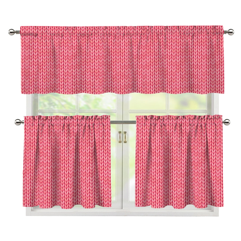 Pink Knitted Pattern Print 3 Piece Kitchen Curtains