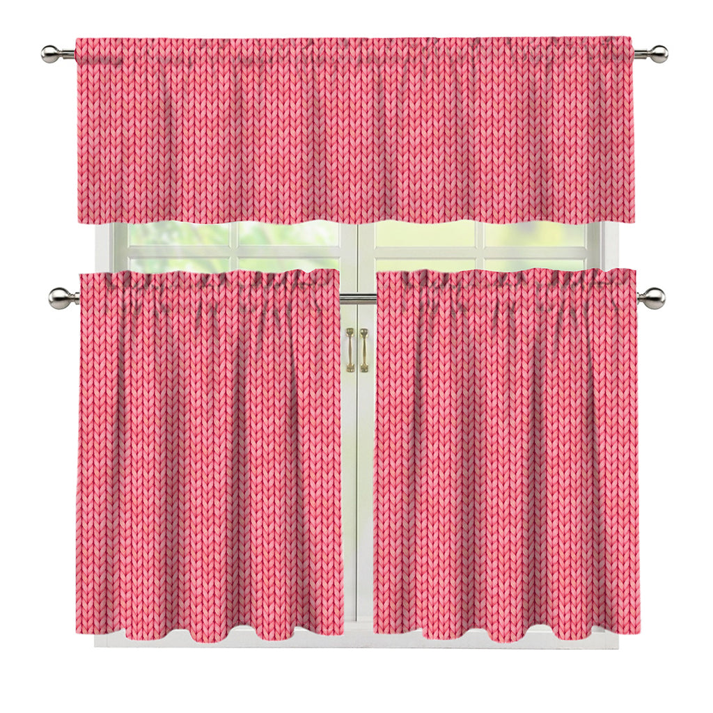 Pink Knitted Pattern Print 3 Piece Kitchen Curtains