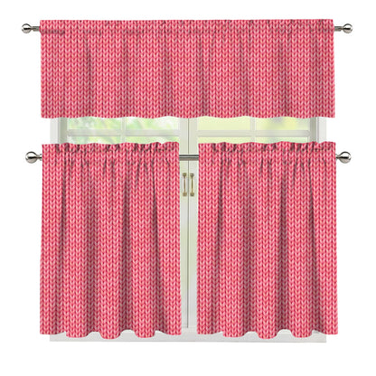 Pink Knitted Pattern Print 3 Piece Kitchen Curtains