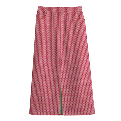 Pink Knitted Pattern Print Cotton Front Slit Maxi Skirt