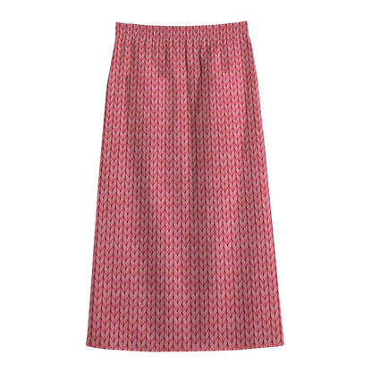 Pink Knitted Pattern Print Cotton Front Slit Maxi Skirt