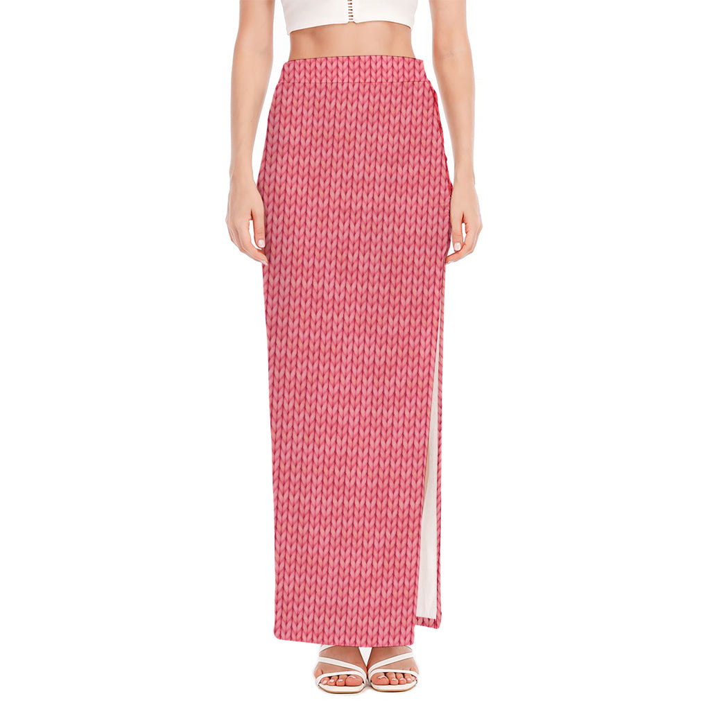 Pink Knitted Pattern Print High Slit Maxi Skirt