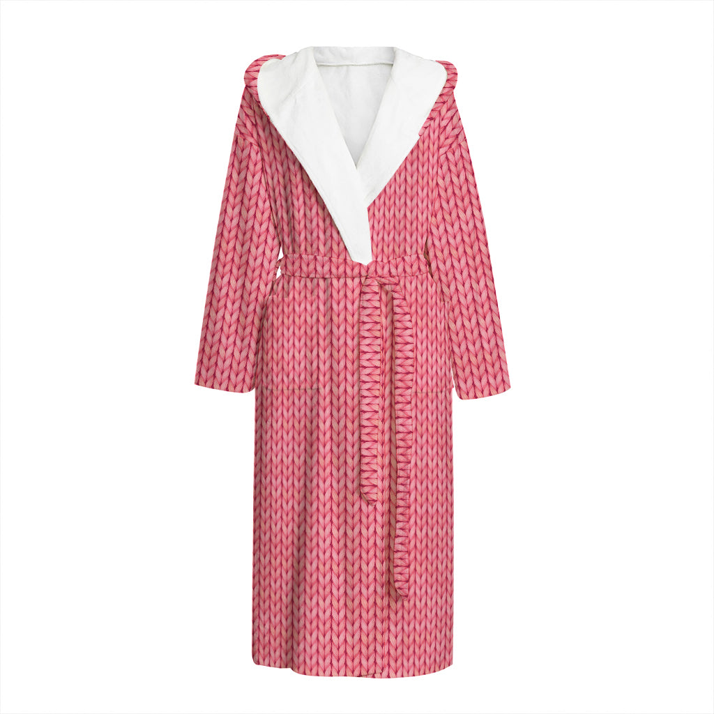 Pink Knitted Pattern Print Hooded Bathrobe