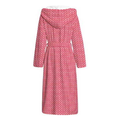 Pink Knitted Pattern Print Hooded Bathrobe