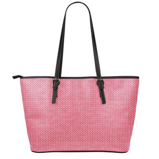 Pink Knitted Pattern Print Leather Tote Bag