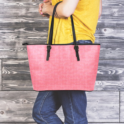 Pink Knitted Pattern Print Leather Tote Bag