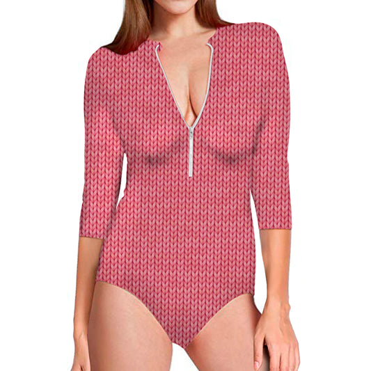 Pink Knitted Pattern Print Long Sleeve Swimsuit