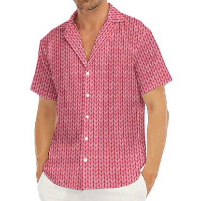 Pink Knitted Pattern Print Men's Deep V-Neck Shirt