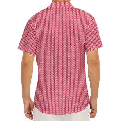 Pink Knitted Pattern Print Men's Deep V-Neck Shirt
