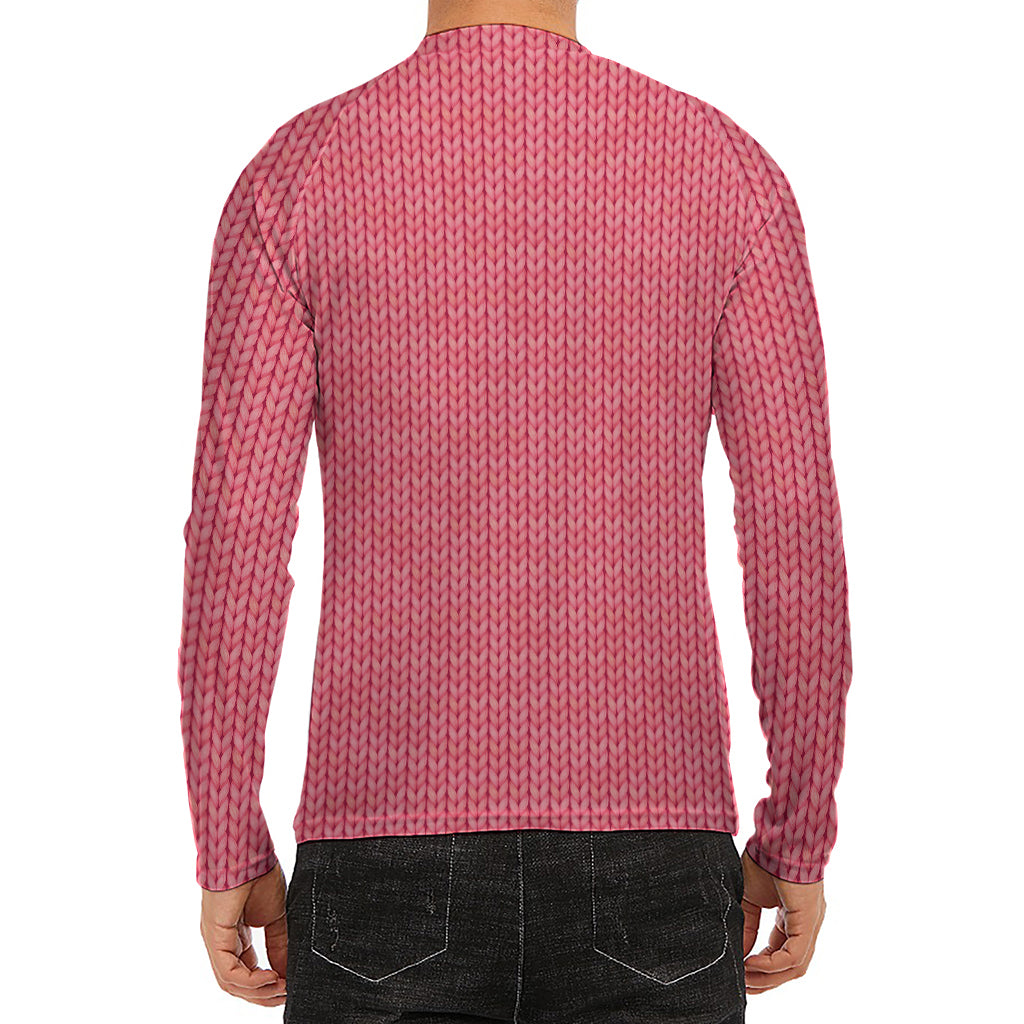 Pink Knitted Pattern Print Men's Long Sleeve Rash Guard