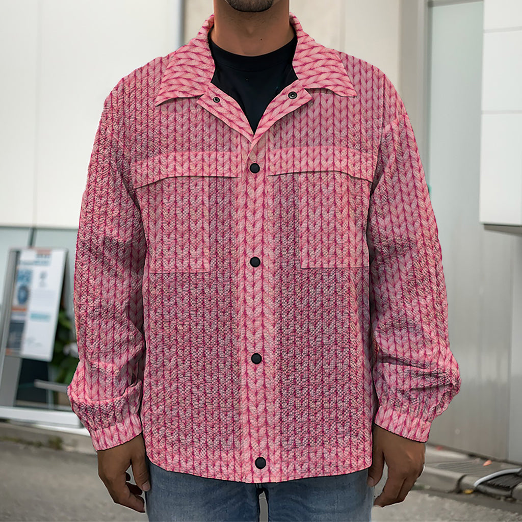 Pink Knitted Pattern Print Men's Shirt Jacket