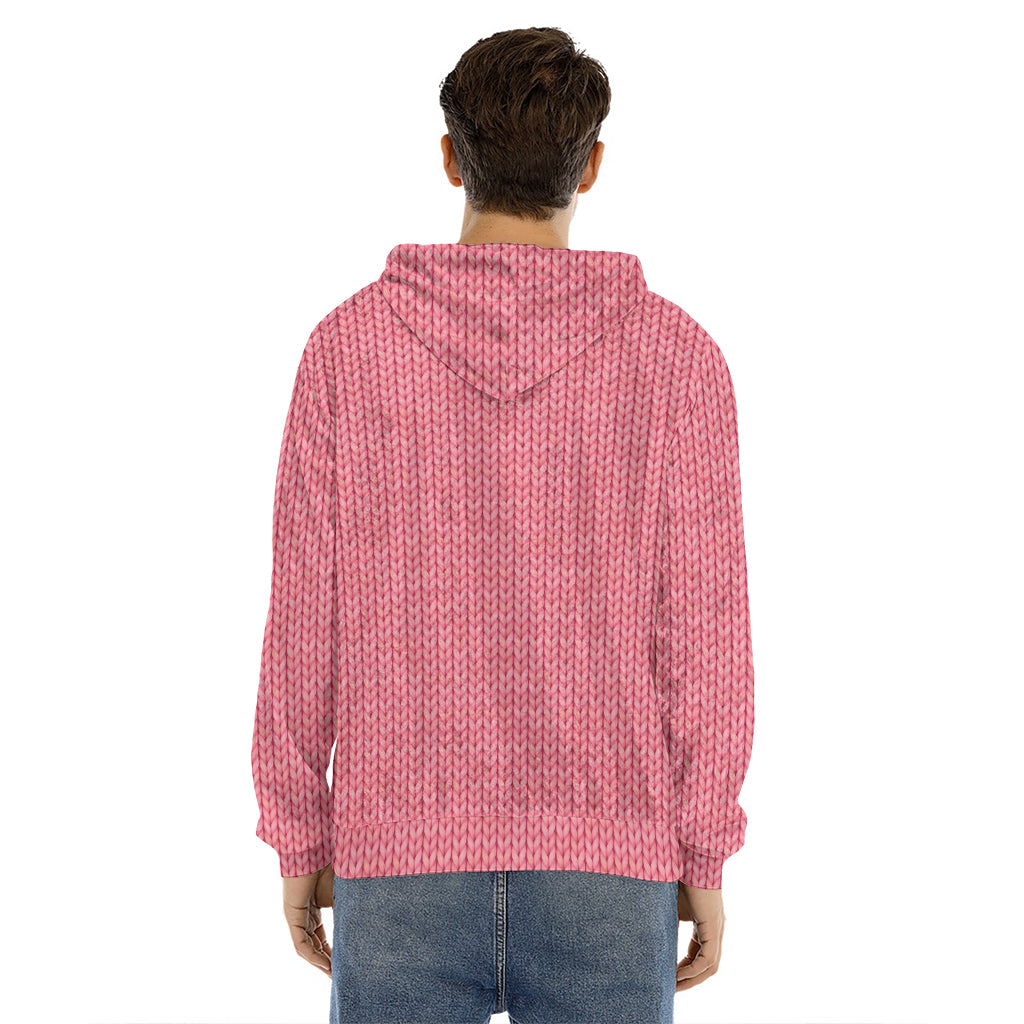 Pink Knitted Pattern Print Men's Velvet Pullover Hoodie