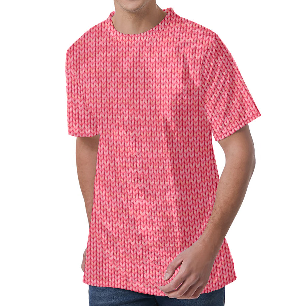 Pink Knitted Pattern Print Men's Velvet T-Shirt