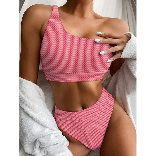 Pink Knitted Pattern Print One Shoulder Bikini Top