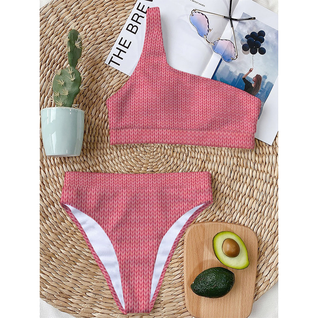 Pink Knitted Pattern Print One Shoulder Bikini Top