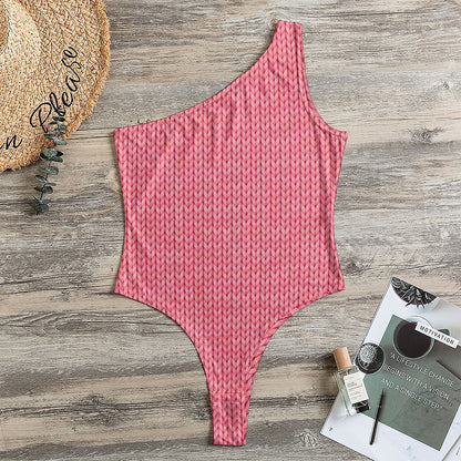 Pink Knitted Pattern Print One Shoulder Bodysuit