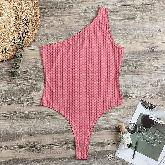 Pink Knitted Pattern Print One Shoulder Bodysuit