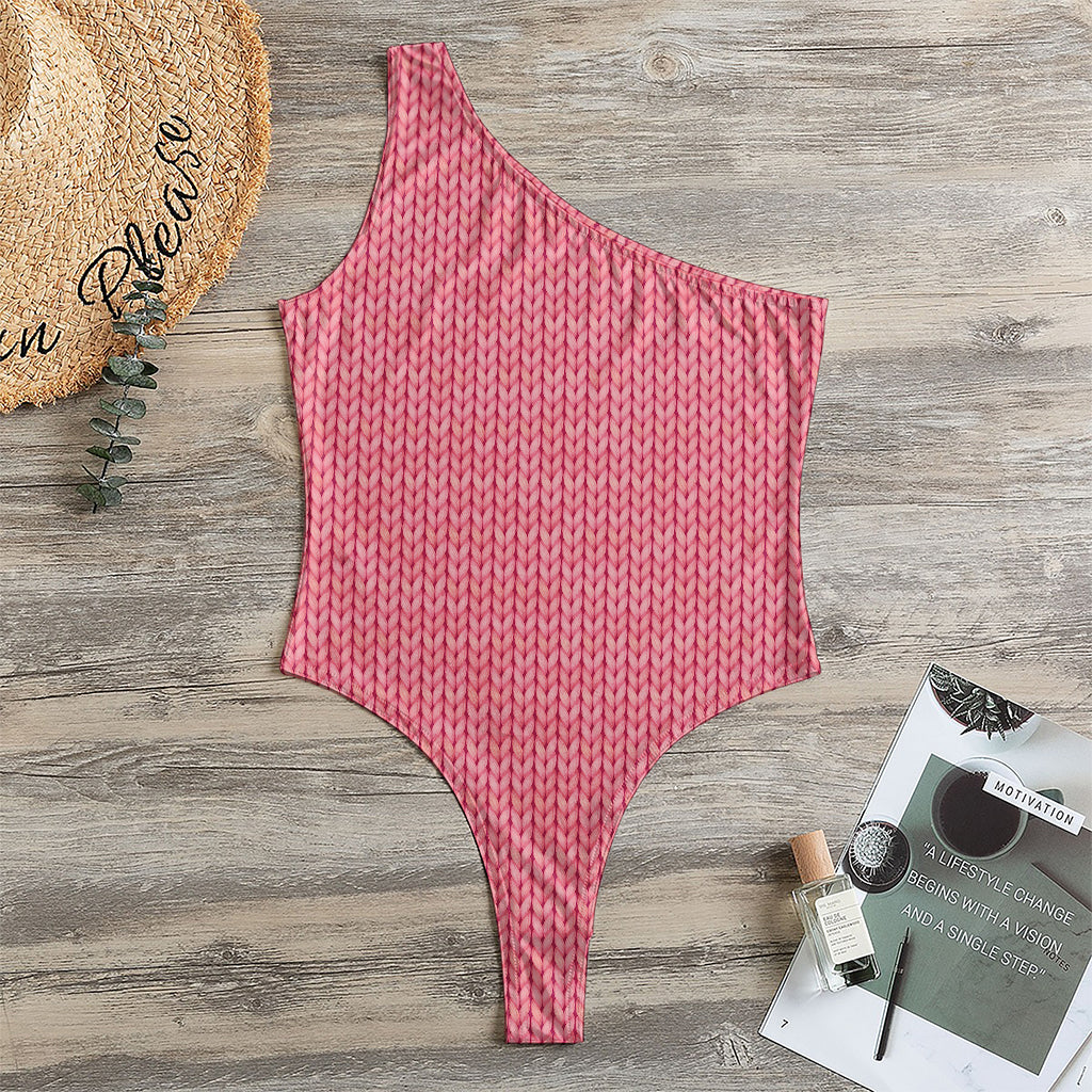 Pink Knitted Pattern Print One Shoulder Bodysuit