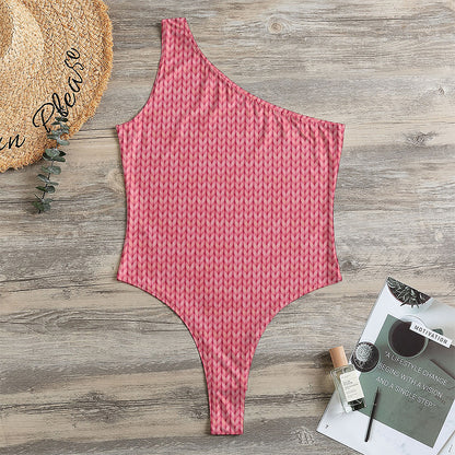 Pink Knitted Pattern Print One Shoulder Bodysuit