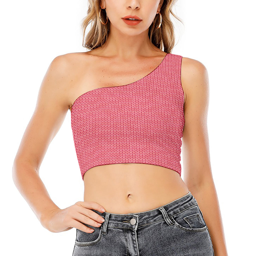 Pink Knitted Pattern Print One Shoulder Crop Top