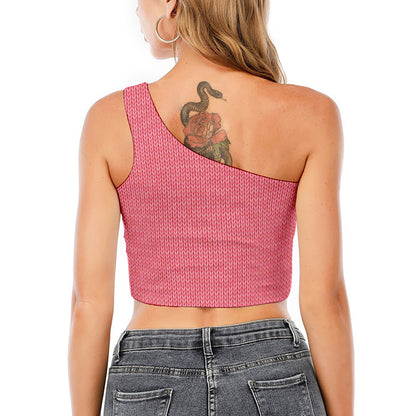 Pink Knitted Pattern Print One Shoulder Crop Top