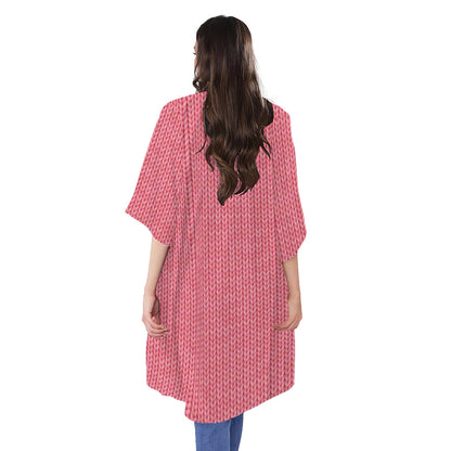 Pink Knitted Pattern Print Open Front Beach Cover Up