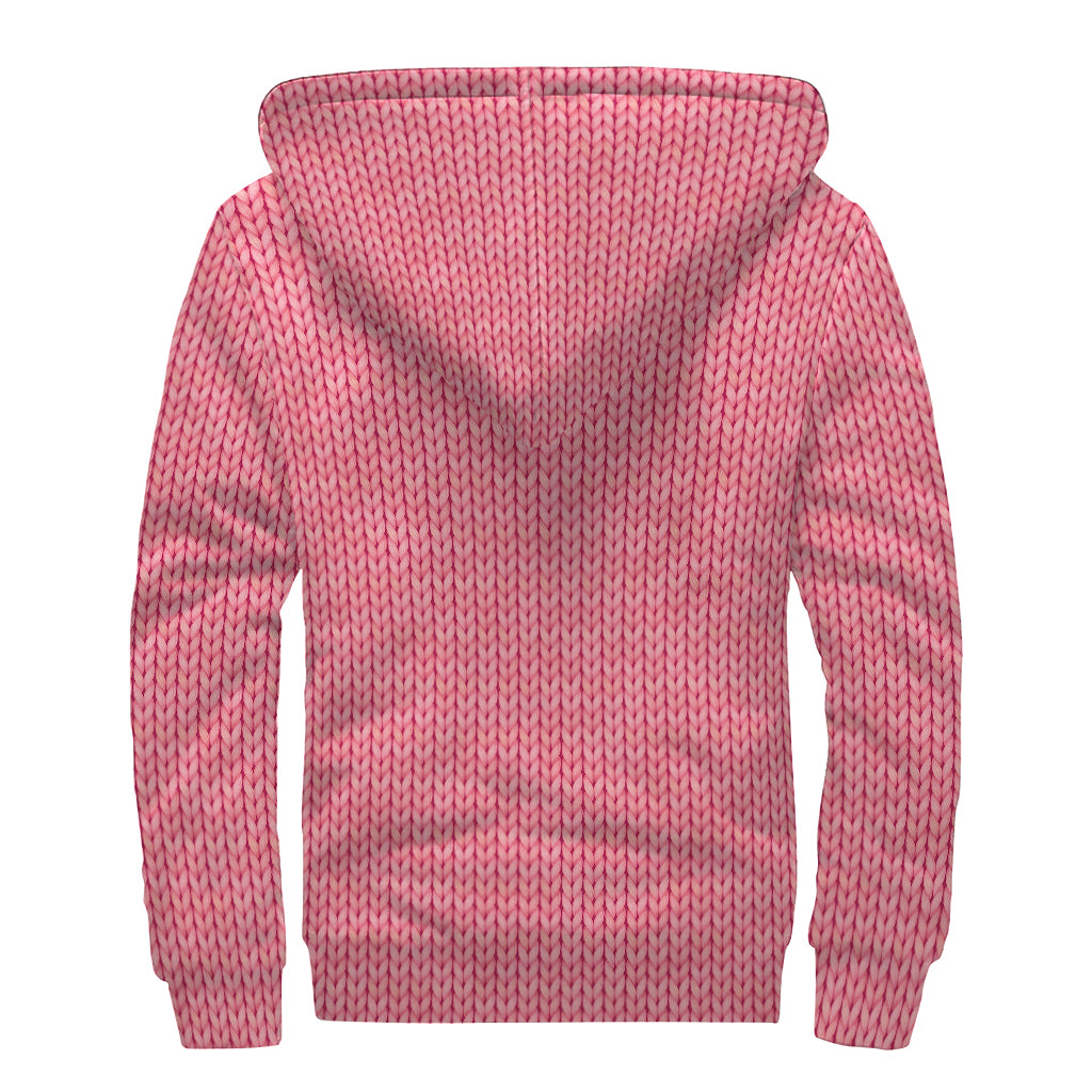 Pink Knitted Pattern Print Sherpa Lined Zip Up Hoodie