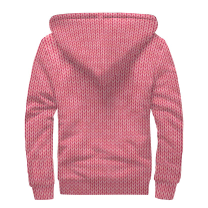 Pink Knitted Pattern Print Sherpa Lined Zip Up Hoodie