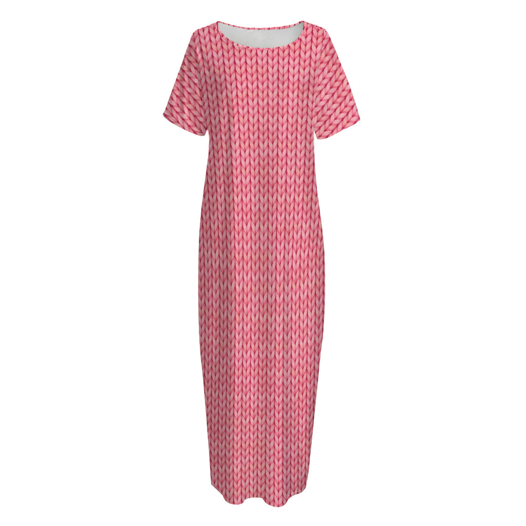 Pink Knitted Pattern Print Short Sleeve Long Nightdress