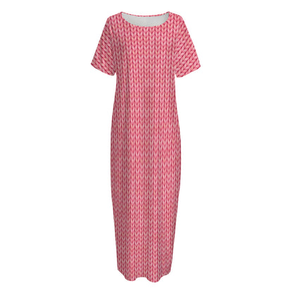 Pink Knitted Pattern Print Short Sleeve Long Nightdress