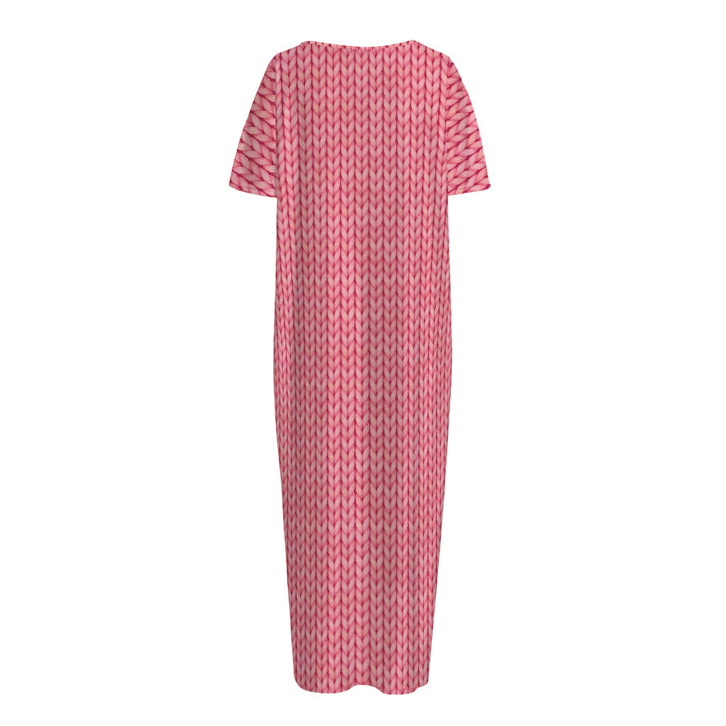 Pink Knitted Pattern Print Short Sleeve Long Nightdress