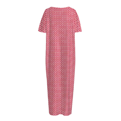 Pink Knitted Pattern Print Short Sleeve Long Nightdress