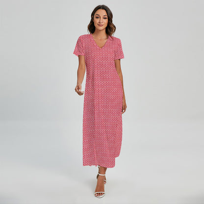 Pink Knitted Pattern Print Short Sleeve Maxi Dress