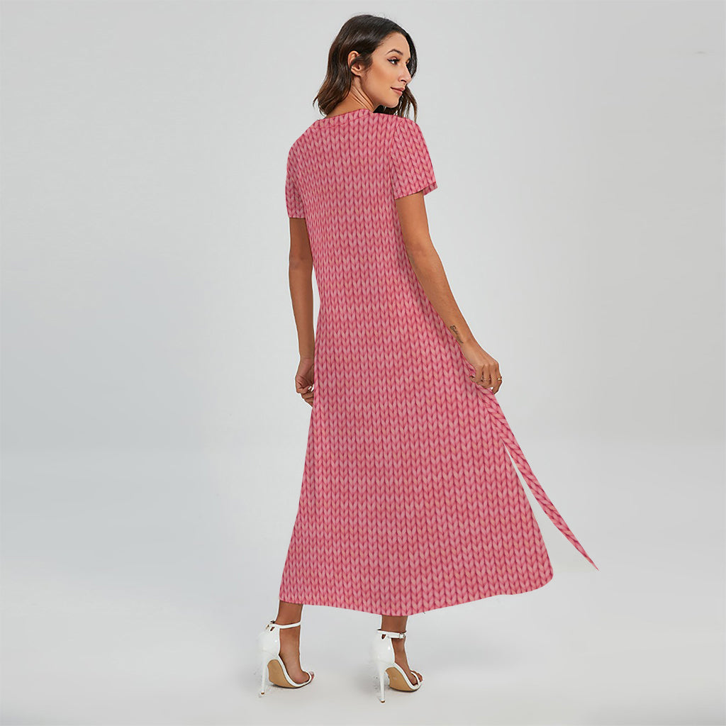 Pink Knitted Pattern Print Short Sleeve Maxi Dress