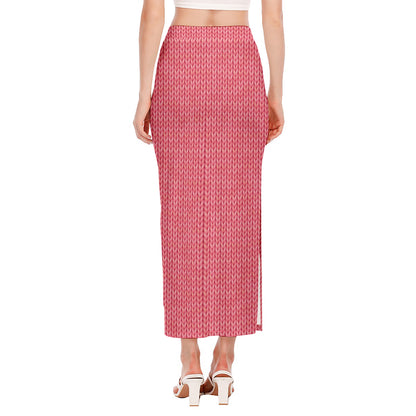 Pink Knitted Pattern Print Side Slit Maxi Skirt