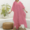 Pink Knitted Pattern Print Silk V-Neck Kaftan Dress