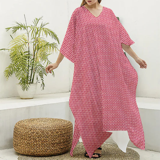 Pink Knitted Pattern Print Silk V-Neck Kaftan Dress
